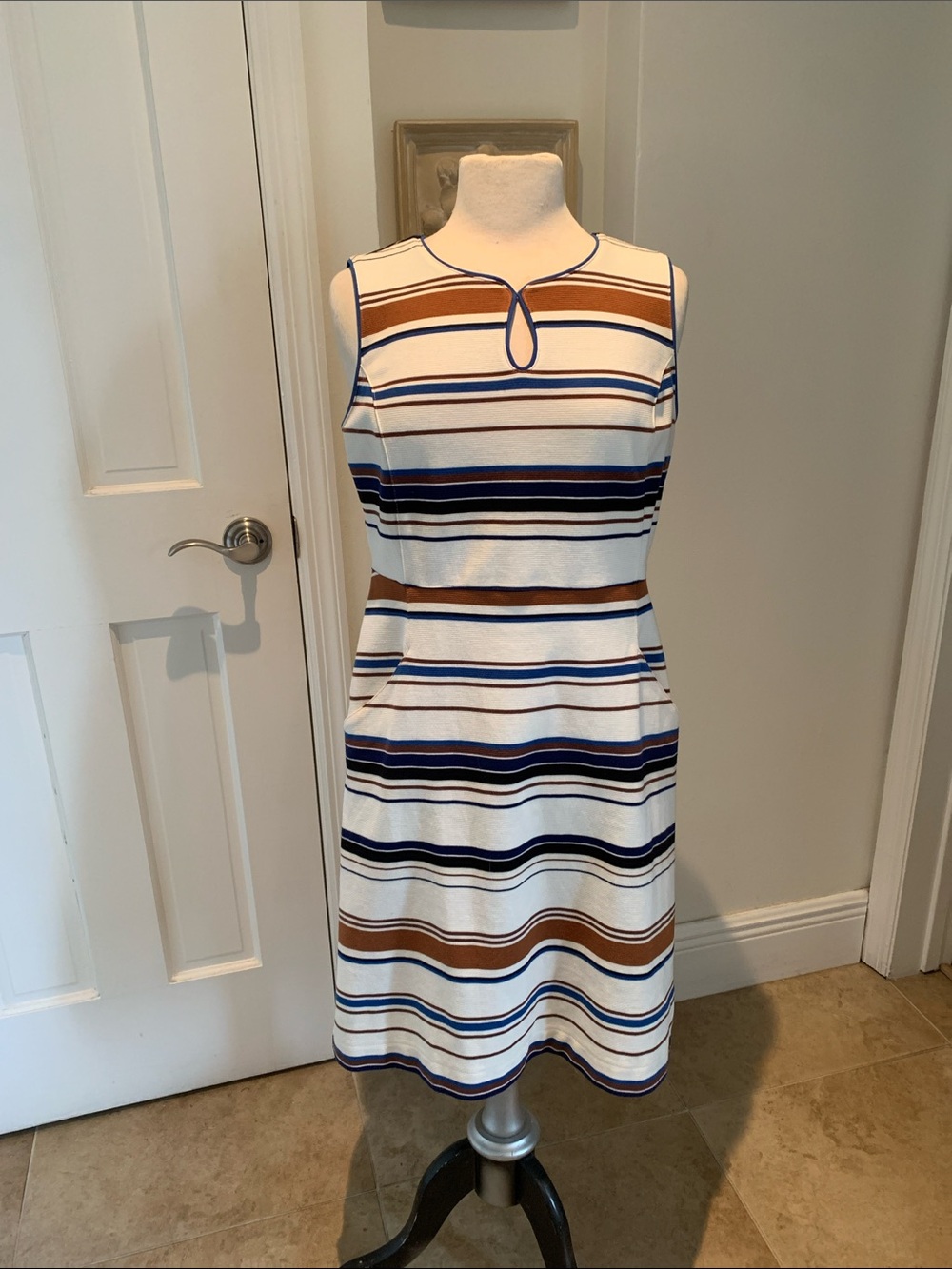 Lands' End Striped Keyhole Sleeveless Dress in White, Blue & Brown